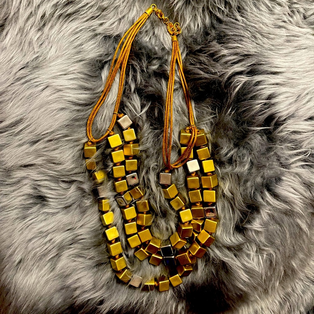 Statement necklace, shiny cubes on braided cord
